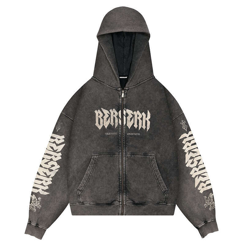 Imprinted Warrior Sword Wind Legend Berserk Anime Cartoon Washed Outdated Hoodie Jacket