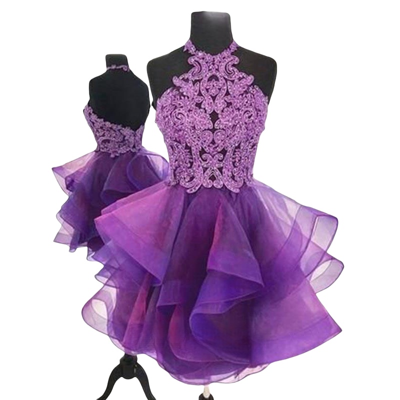 Chic Purple Ball Gown Cocktail Dress Lace Beaded Tulle Tiers Short Mini Graduation Homecoming Dresses For Special Occasions Sweetheart Gowns