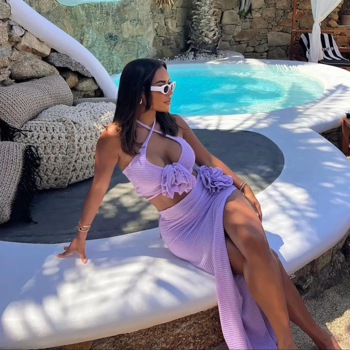 2025 3pack Bikini with Beach Skirt Swimwear Women 3D Flower Swimsuit Halter Bathing Suit Beachwear Bikini Set Biquini 250225