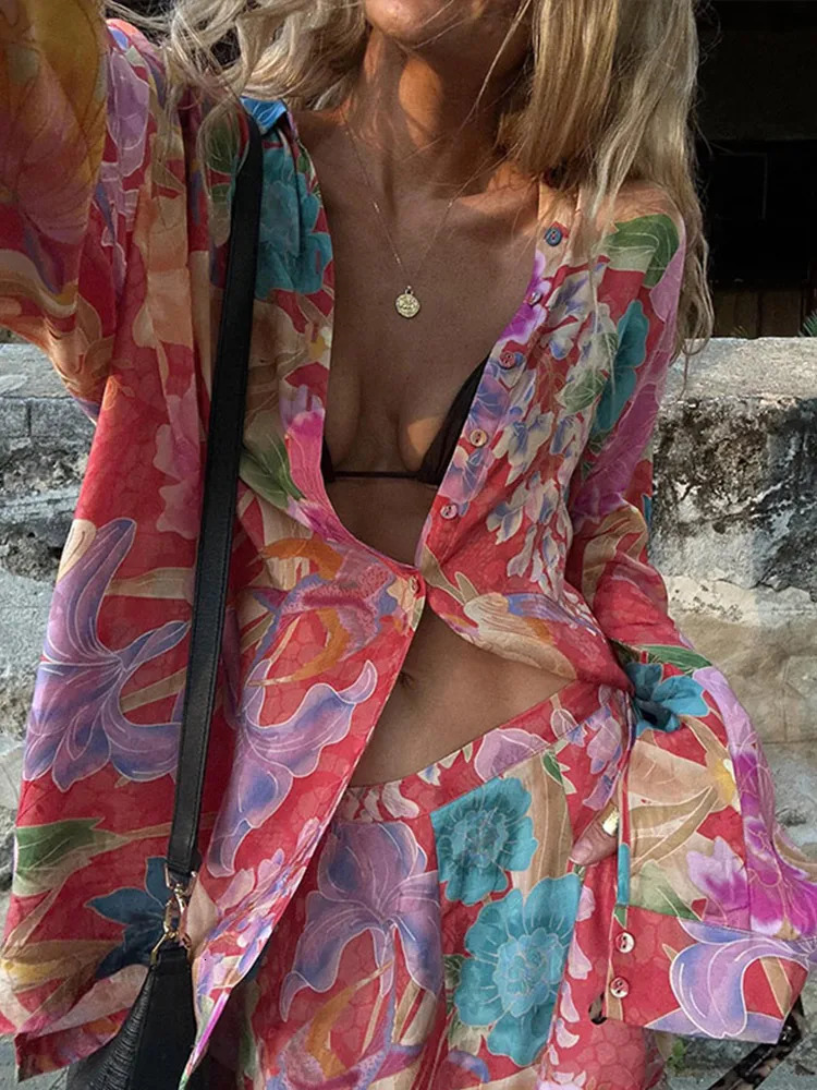 Floral Print Chiffon Womens Two Pieces Set Loose Single Breasted Long Sleeve Shirts Wide Leg Pants 2025 Vacation Lady Outfits 250225