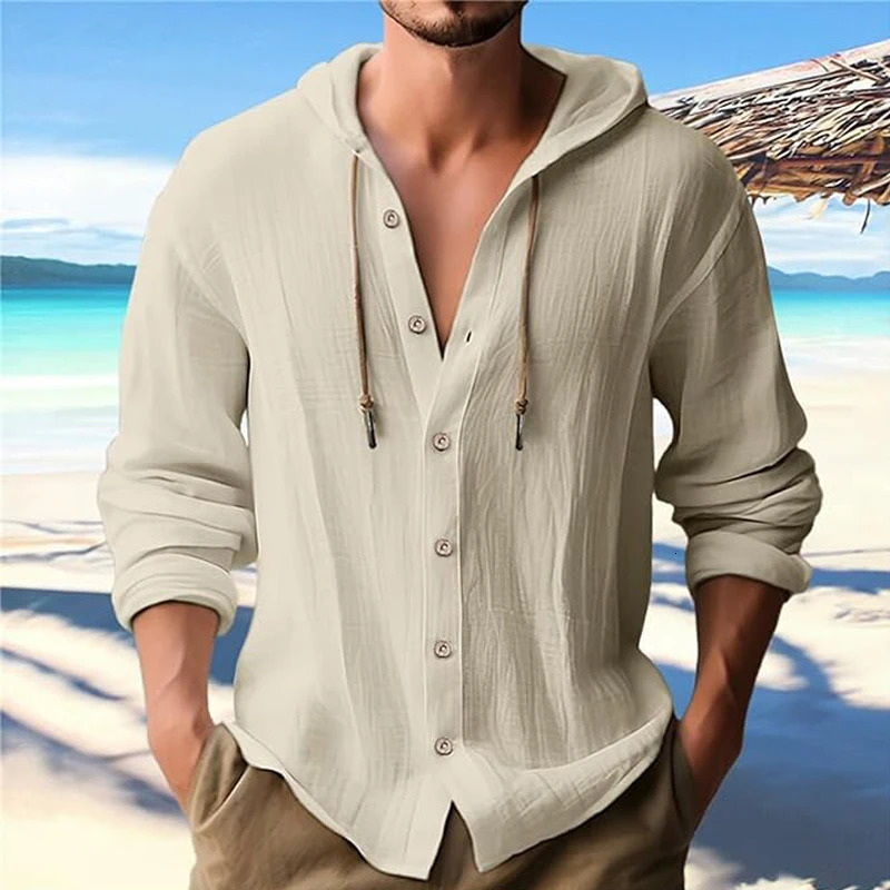 Summer Mens Linen Shirt Solid Streetwear Long Sleeve Hoodie Cardigan Clothing For Men Button Tops Casual Loose Hooded 250214Z