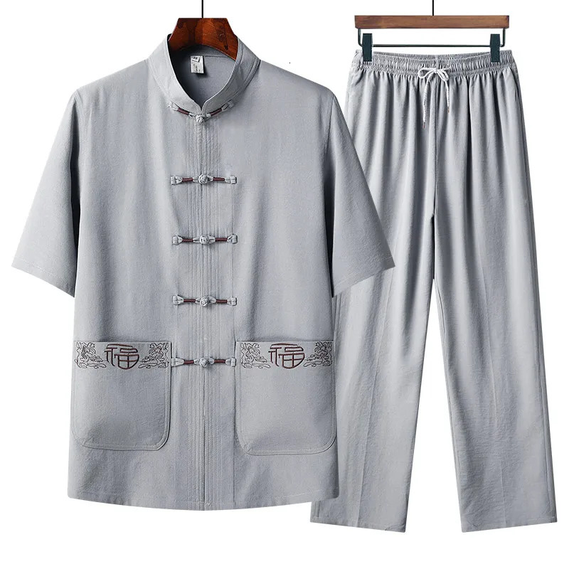 Chinese style Shirts Pants summer 100% Cotton linen Sportswear Mens Casual Sets spring Male Fashion Chinese style trousers 250222