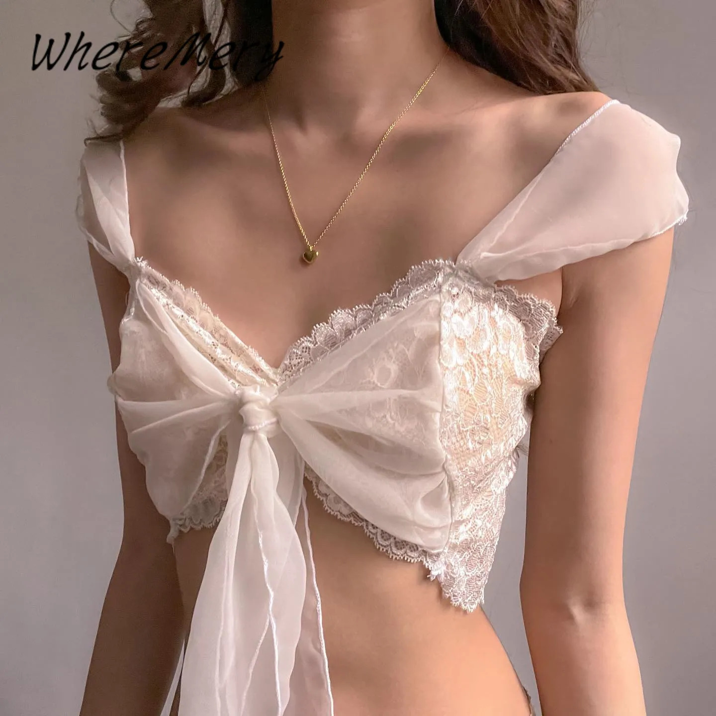 WhereMery Sexy Mesh Perspective Crop Tops Summer Y2K Lace Low cut Slim Strap Top High Street Nightclub Top Womens Wear 250225