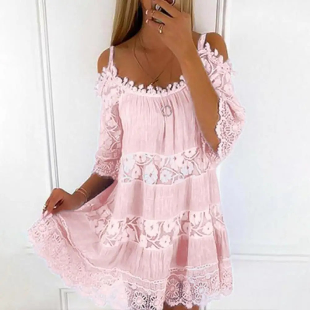 Embroidery Crochet Lace Cold Shoulder Mini Women Scoop Neck Half Sleeves Mid-Rise Loose Fit Summer Lady Beach Dress 250222