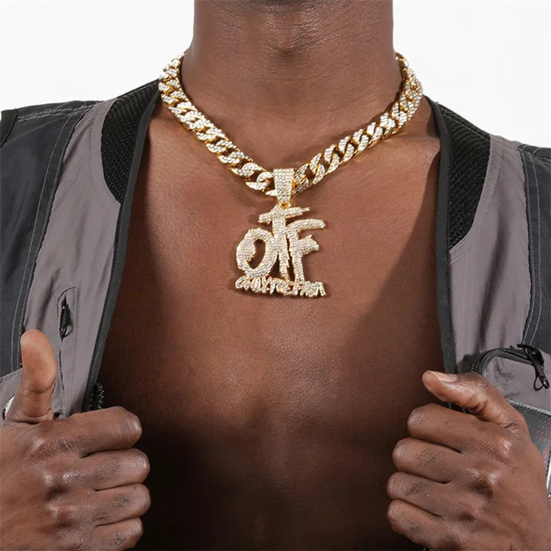 Men Women Hip Hop Iced Out OTF Necklaces With 12mm Cuban Chain Hiphop Letter Pendant Fashion Charm Punk Jewelry 250225