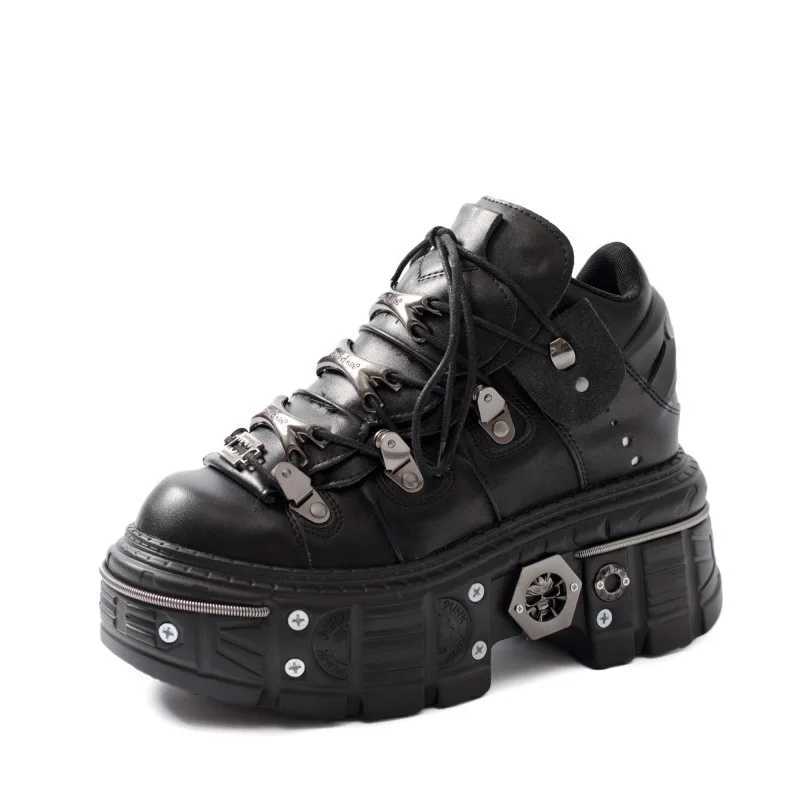 Fashion Women Punk Platform Shoes for Womans Lace-Up Round Toe Metal Decoration Thin Heels Sneakers Gothic Party Nightclub ShoeC250225