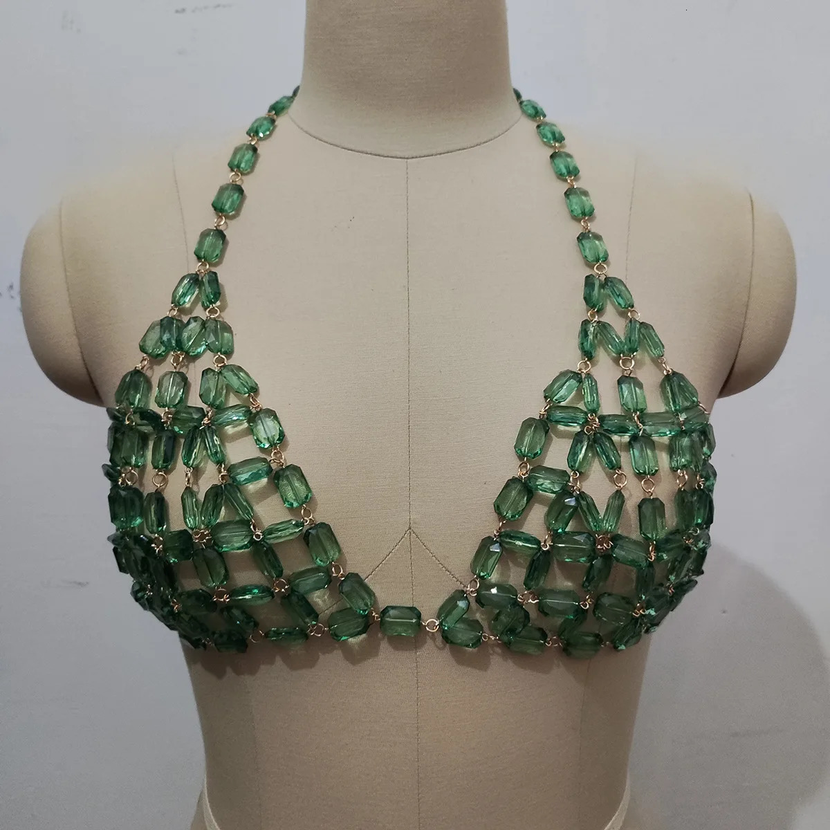 Sexy Green Beaded Crystal Camisole Chest Bra Lingerie Chain Women Bikini Elegant Festival Nightclub Body Jewelry Y2K Accessories 250225