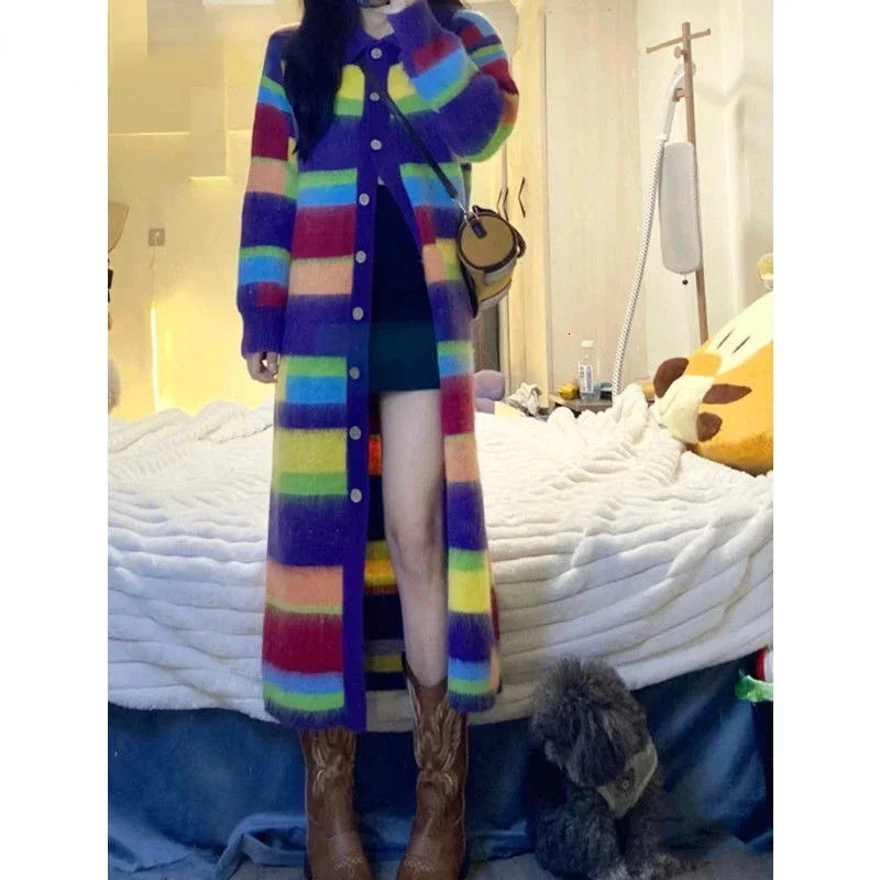 Hikigawa Chic Fashion Mohair Women Rainbow Striped Knitted Cardigan Long Coats Loose Contrast Color Sweater Outerwear Mujer 250225