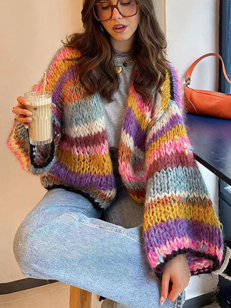 OIINAA Knitted Cardigan for Women Sweater Striped Rainbow Long Sleeve Open Stitch Cardigans Autumn Winter Fashion Outerwears 250225