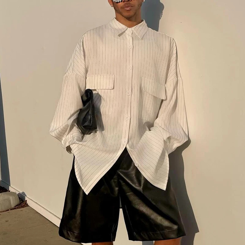 Spring Casual Shirts For Mens Vintage Turn-down Collar Buttoned Pockets Shirt Fashion Long Sleeve Mens Striped Shirts 250224