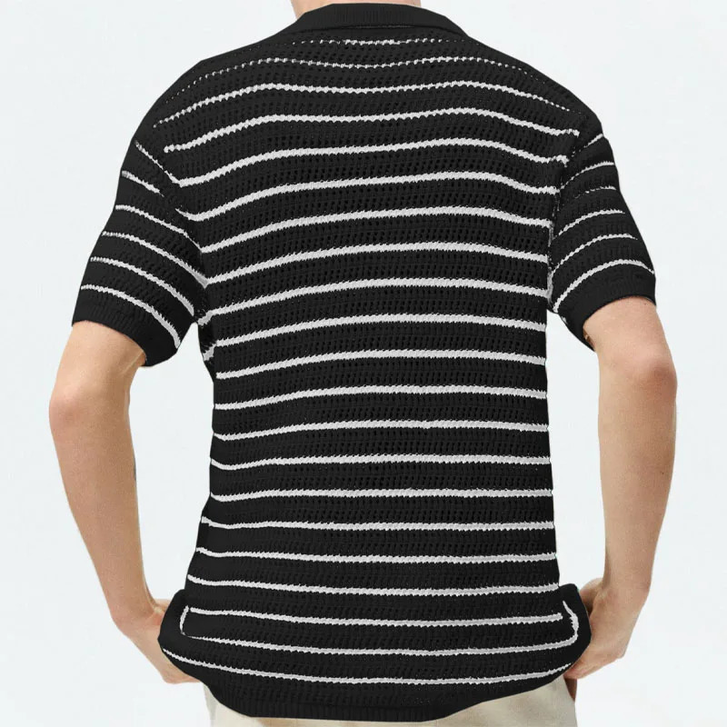 Mens sexy perspective knitted shirt with breathable hollow stripes summer mens thin jacket mens clothing Hawaiian top 250224