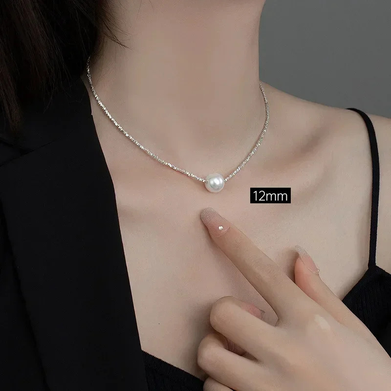Sparkling 12mm Pearl Pendant Necklace For Women Girl 100% 925 Sterling Silver Choker Chain Wedding Birthday Party Gift Jewelry 250222