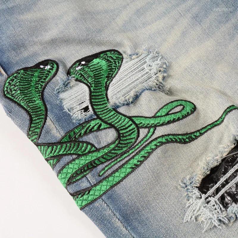 Men's Jeans Light Blue Embroidered Snake Patchwork High Street Stretch Distressed Slim Fit Ripped Men