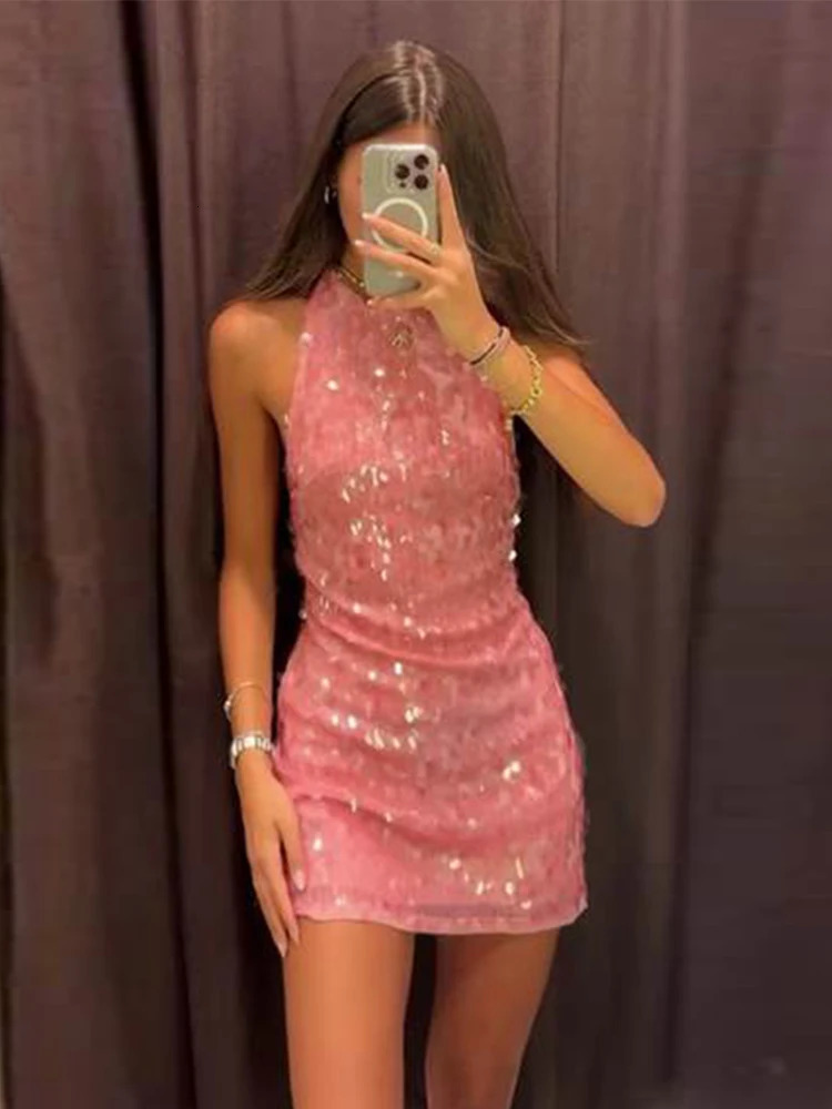 Sexy Sequin Mini Dress Women Loose Fashion Backless Halter A Line Robe Female Party Evening Chic Lace Up Sleeveless Dresses 250225