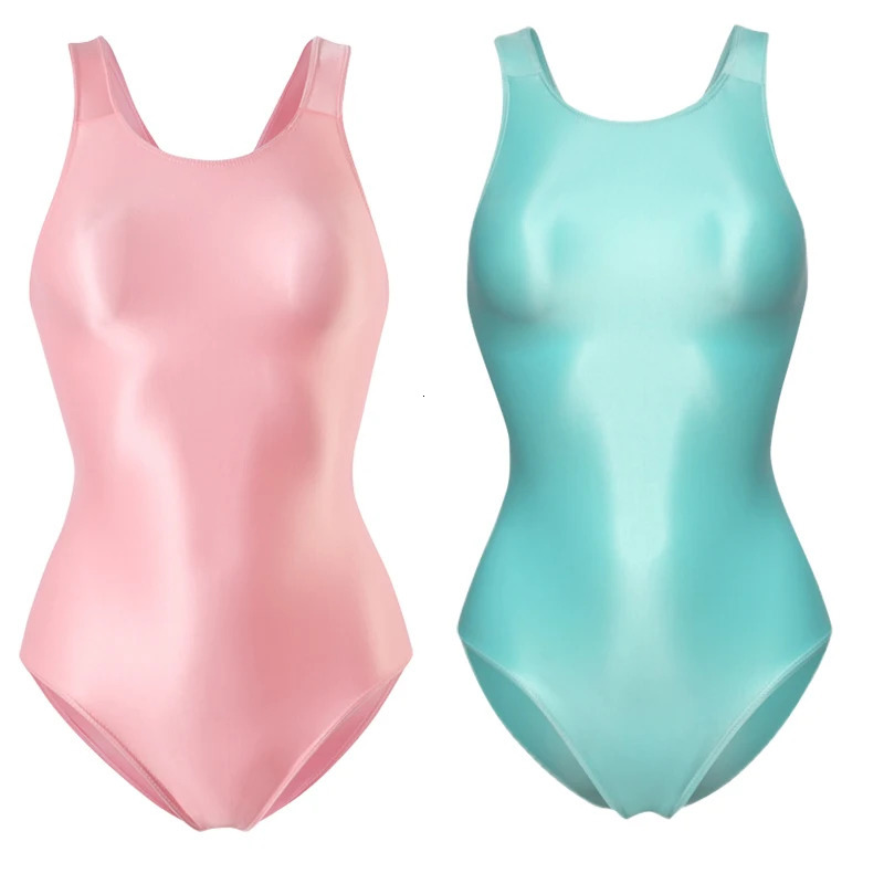 Sexy Glitter Shiny women one-piece crotchless see through swimsuit Oily Tight Backless plus size bathing suits High-Cut Bodysuit 250225