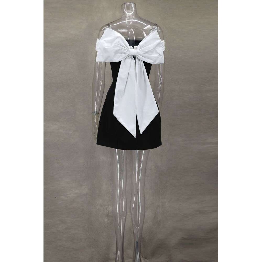 Women's Dress Spring/Summer One Shoulder Black And White Contrast Waist A Swing Design Bow Dress