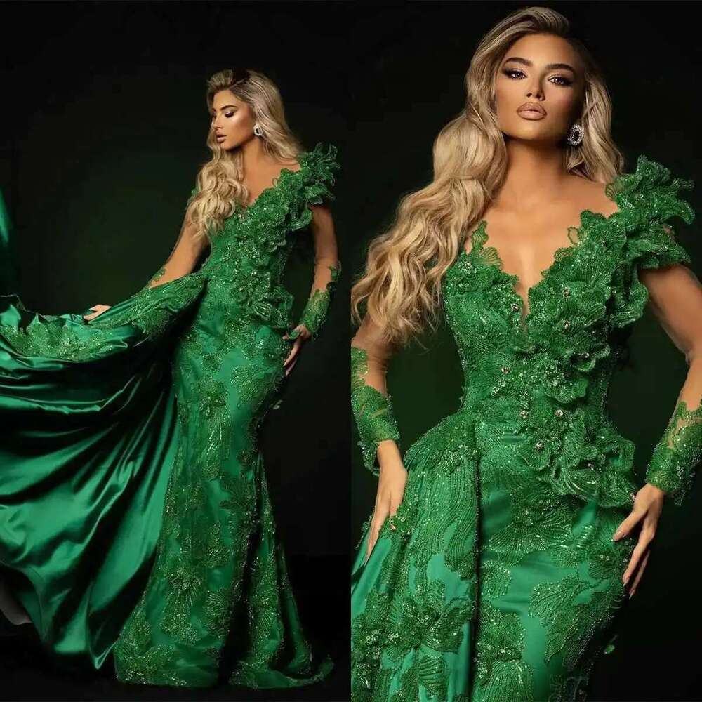 Green Mermaid Prom Dresses with Sequins and V-Neck 3D-Appliques Beaded Lace Detachable Train Satin Evening Gowns Women Formal Party Occasion Robes