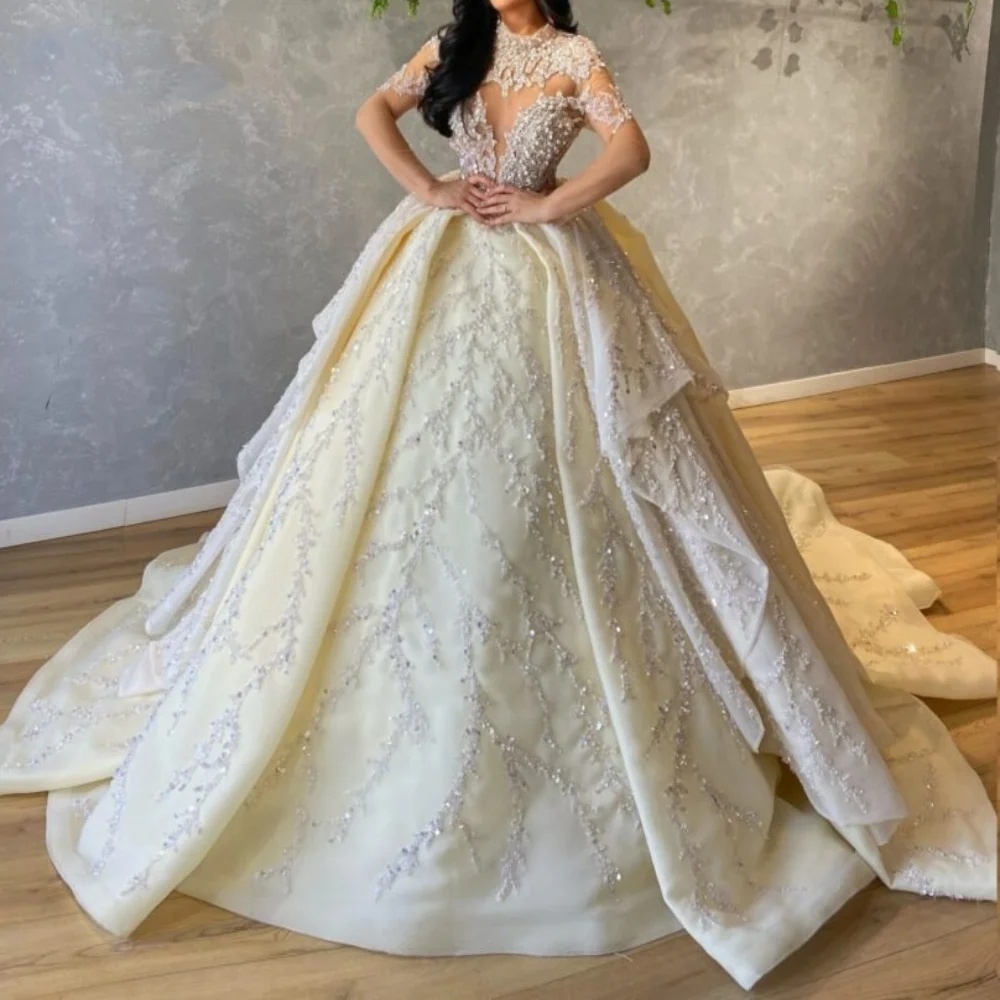 Gorgeous Ball Gown Wedding Dress For Women High Collar Long Sleeves Bridal Gowns Sequins Lace Sweep Train Dresses Custom Made vestidos de novia