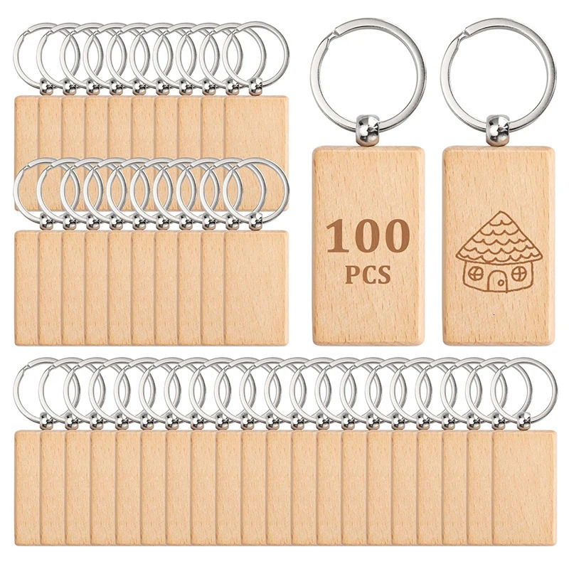100Pcs Rectangular Wood Keyring Wooden Keychain 250221