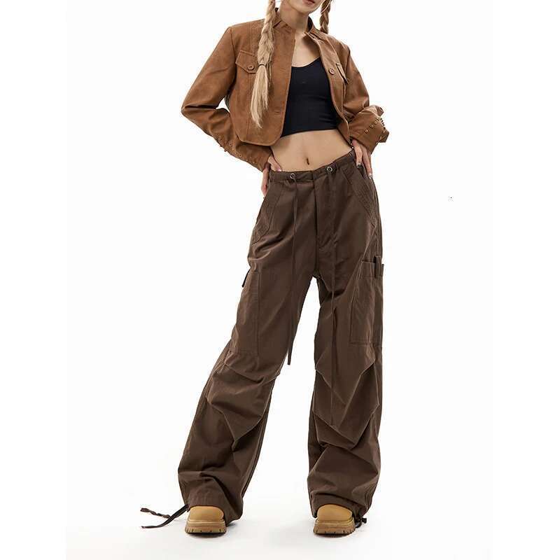 Deeptown Vintage Parachute Pants Women Y2k Streetwear Oversized Brown Trousers Korean Style Cargo Joggers Hippie Haruku Grunge