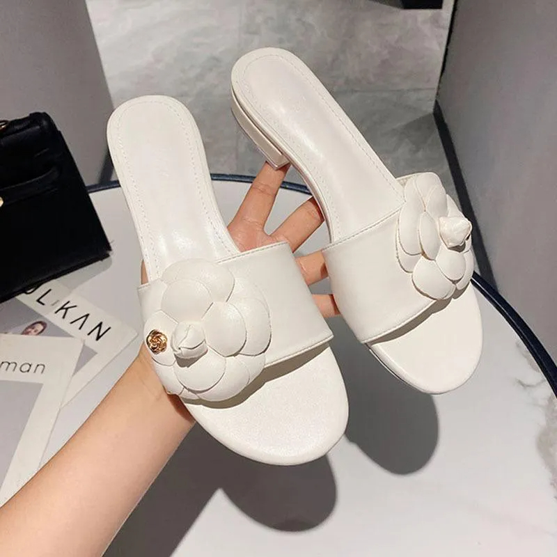 Chic Low-Heeled Ladies' Summer Footwear with Metal Floral Details Designer Camellia Sliders