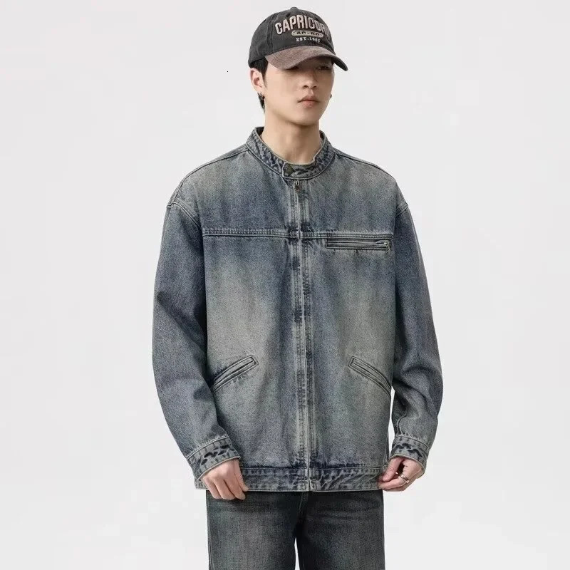 Vintage Denim Jacket Mens Loose-Fit High-End Feel American Style Distressed Washing For Autumn Trendy Workwear 250225