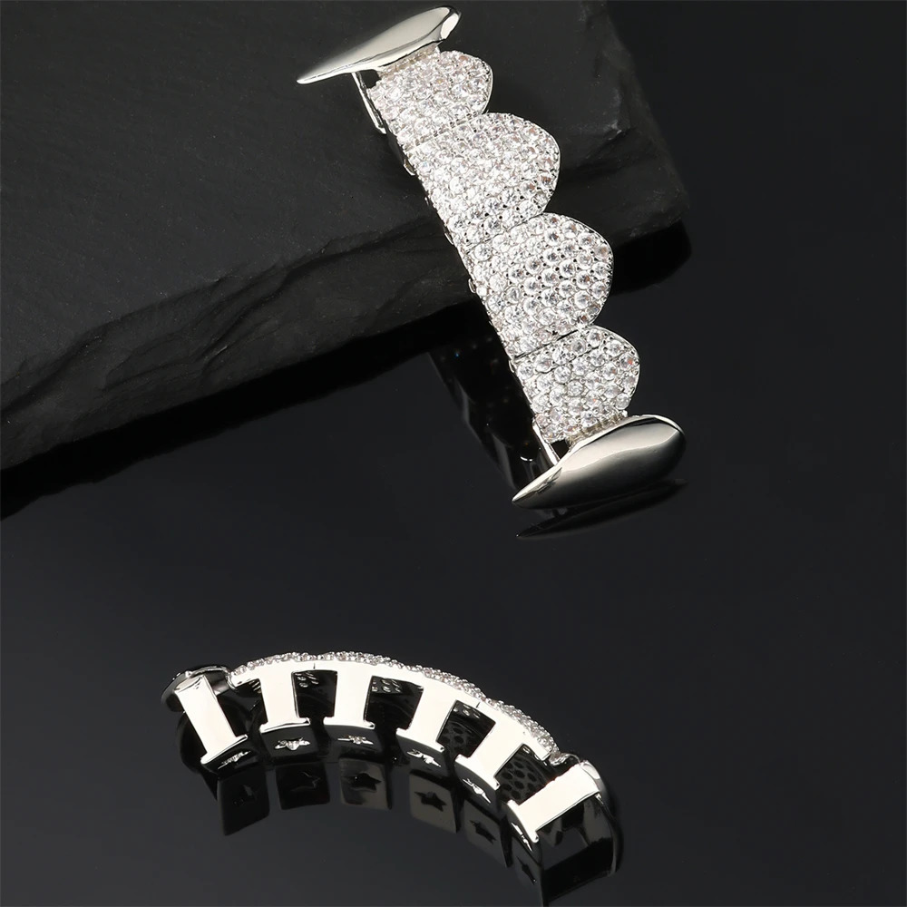Hip Hop CZ Teeth Caps Cubic Zircon Iced Out Micro Pave Top Bottom Charm Grills For Men Women Jewelry Cosplay Xmas Gift 250225
