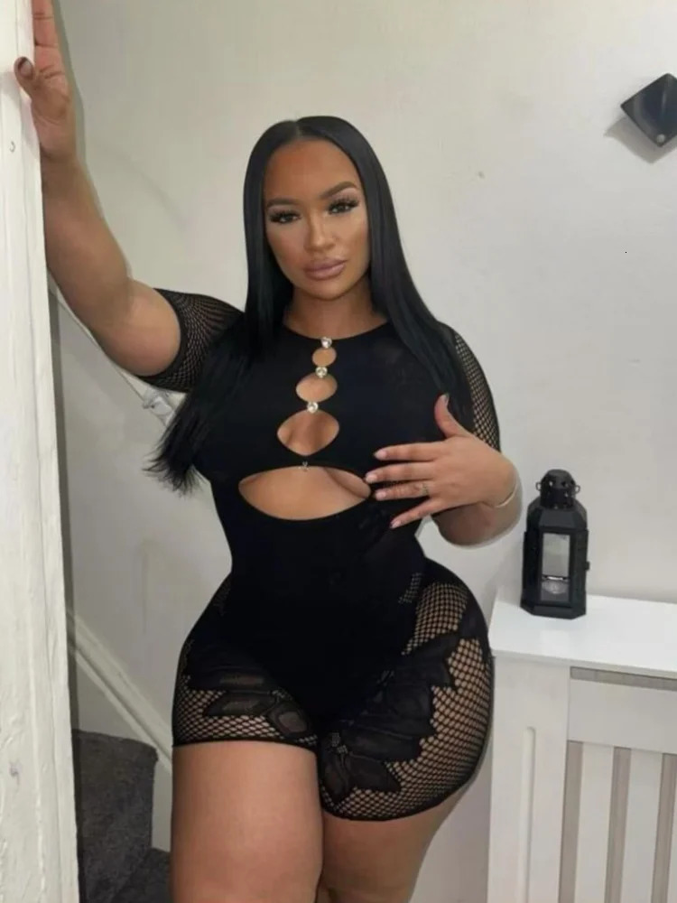 Joskaa Print Hollow Out Playsuits Women Sexy O-Neck Short Sleeve Skinny One Piece Rompers Summer Coqutte Nighclub Outfits 250225