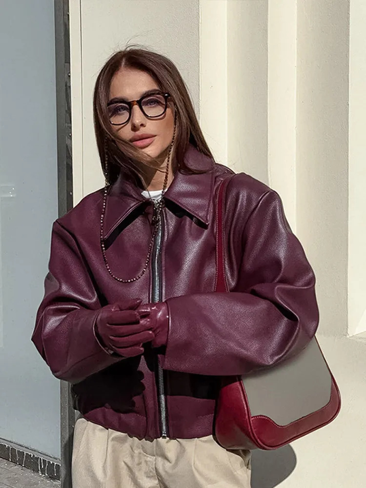 Motorcycle PU Leather Jacket Wine Red Lapel Loose Zipper Biker Leather Jacket Autumn Winter Fashion Commute Womens Coat 250225