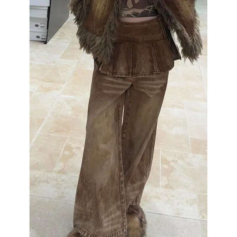 Women's Brown Splicing Cargo Baggy Y2k Japanese Haruku High Street 2000S Style Streetwear Aesthetic 90S Retro Jeans 2025