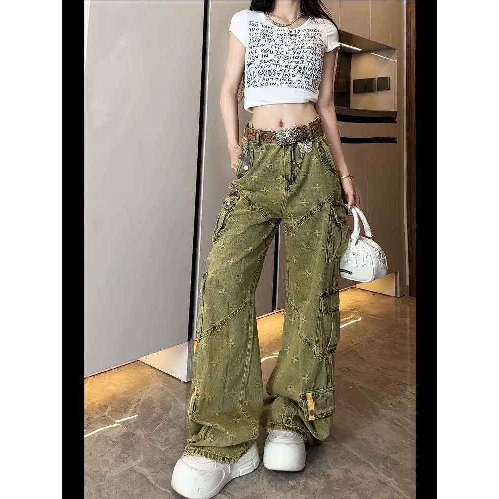 American Retro Vintage Workwear Jeans For Women Summer Multiple Pockets Heavy Embroidery Loose Fit Wide Leg Or Length Pants