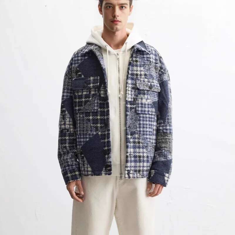 Autumn And Winter Flannel Patchwork Lapel Long-Sleeved Shirt Jacket Men