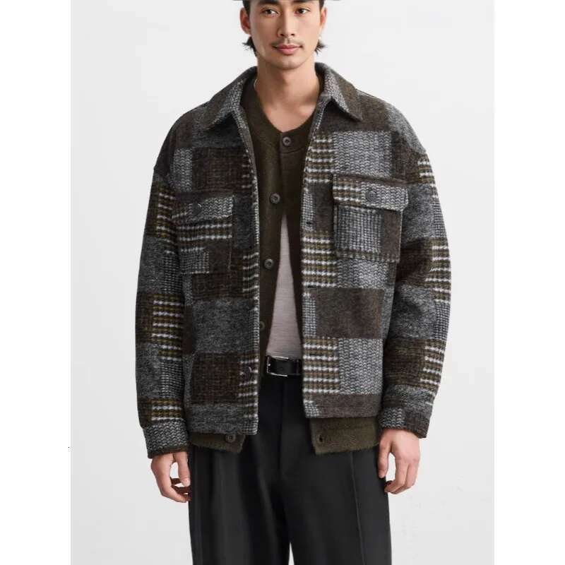 Autumn And Winter Flannel Patchwork Lapel Long-Sleeved Shirt Jacket Men
