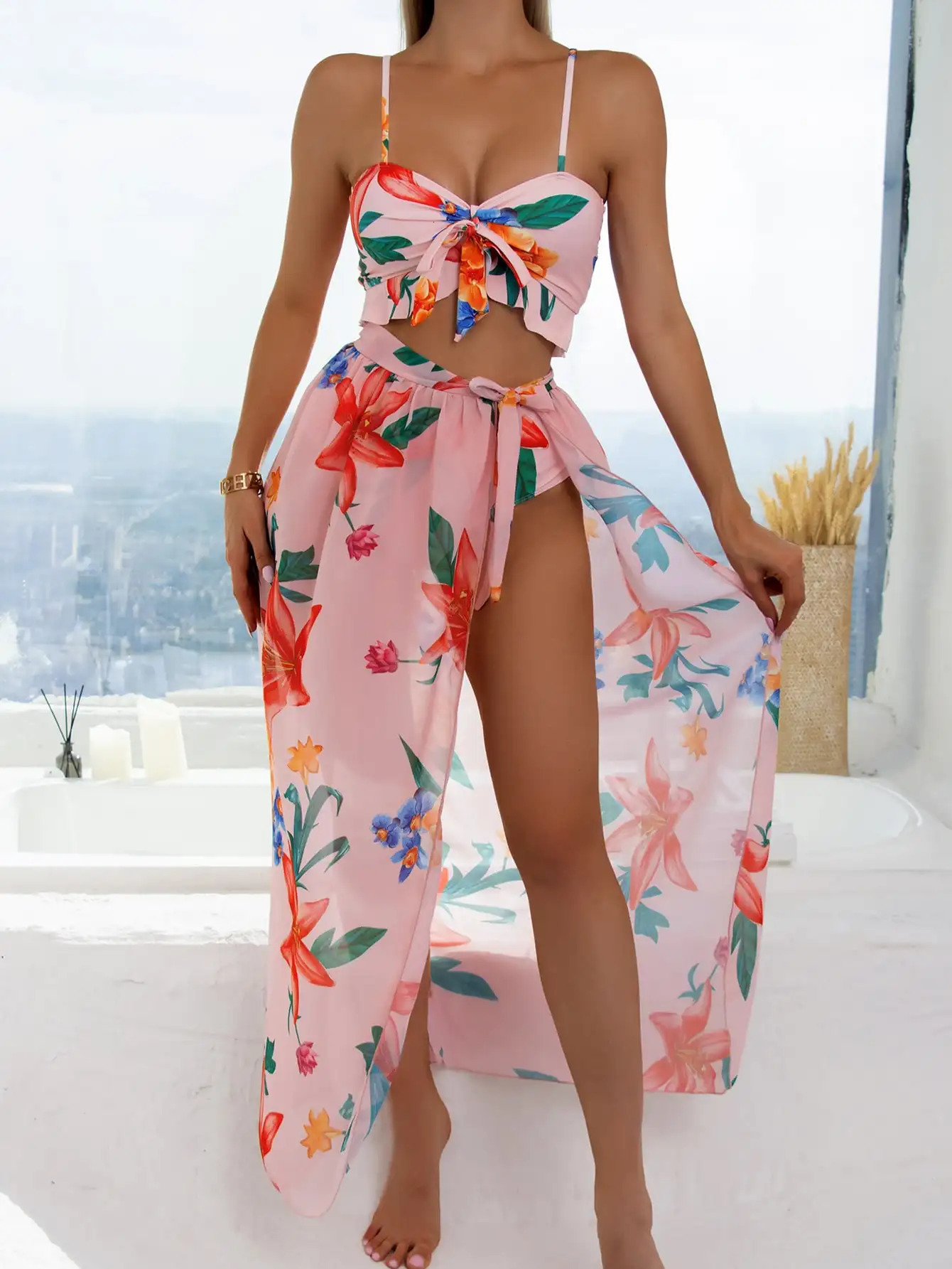 3 Pieces Floral Print Knot Front Bikinis Women Ruffle Swimwear Female High Waist Swimsuit With Beach Skirt Bathing Suit 250225