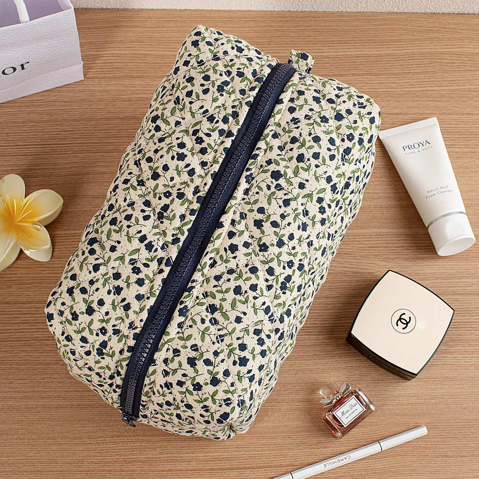 MIROSIE Pretty Navy Blue Floral Print Makeup Bag with Zipper Portable Travel Skincare Storage Pouch Makeup Organizer Big Size 250221