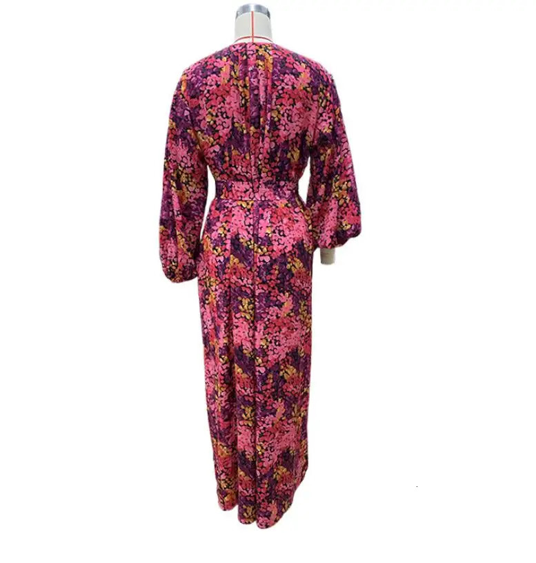 Fashion Printed Long Sleeve V-neck Bohemian Lace Up Dress For Women 250225