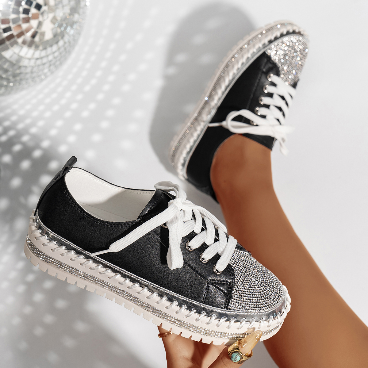 Fashion Women's Casual Shoes Rhinestone Sequin Ladies Flats Comfortable Platform Walking Sneakers Casual Rhinestones PU Walking Flats Thick Botto