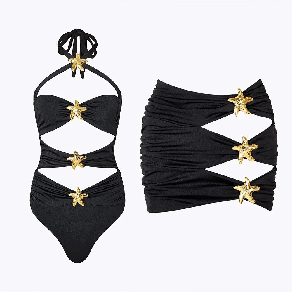 Sexy Hollow Out Women Two Piece Swimsuit Female Swimwear Starfinsh Monokini Swimming Suit Beachwear Bathing Suit 250225
