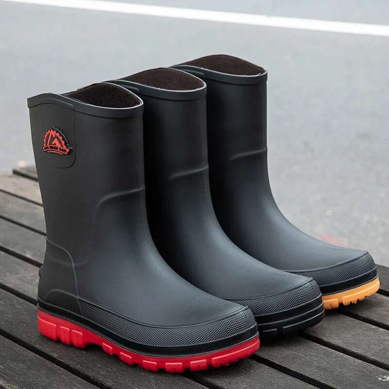 Men's Casual Waterproonti Slip Rain Boots Middle Tube Fashionable Work Rubber Shoes (Buy One Size Larger For Cotton Styles)