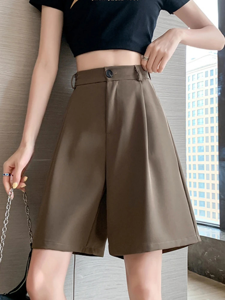 Casual High Waist Wide Leg Suits Shorts Womens Summer Office Lady Loose Shorts for Women Solid Black Knee Length Baggy Shorts 250226