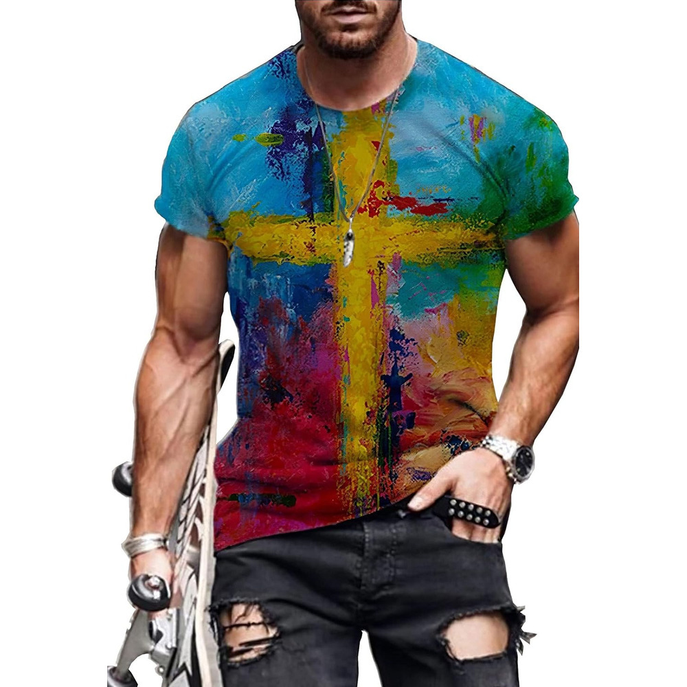 Mens T shirt Mens T-Shirts Jesus Cross Faith Vintage Oil Painting Casual T-Shirts Summer Short Sleeve Crew Neck Christian Tops tee Casual tops summer 