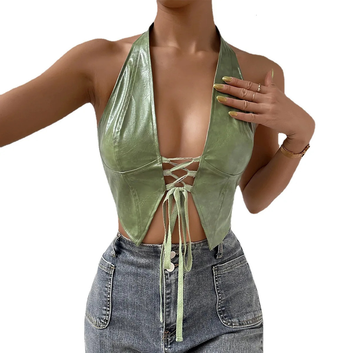 ISAROSE Women Summer Vest Sexy Low Cut Sleeveless Green PU Leather Front Adjustable Bandage Backless Party Club Halter Crop Tops 250225