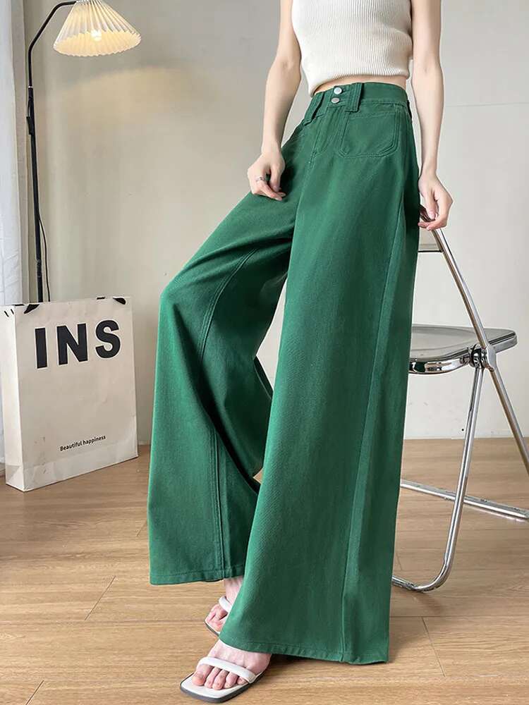 Summer Womens Jeans High Waist Green Korean Fashion Streetwear Straight Pants Baggy Casual Vintage Ladies Wide Leg Denim Trouser