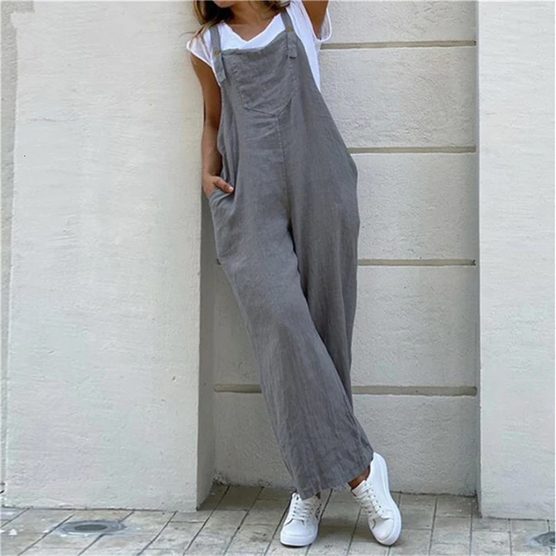 Summer Jumpsuit For Women Solid Color Jumpsuit Casual Long Pant Pockets Button Wide Leg Strap Jumpsuit Loose Rompers Overalls 250225