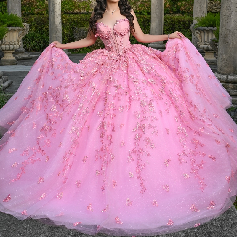 Pink Shiny Quinceanera Dresses Ball Gown Off Shoulder Sequin Applique Bow Beading Crystal Tull Corset Sweet 16 Dress Vestidos 15 De Anos