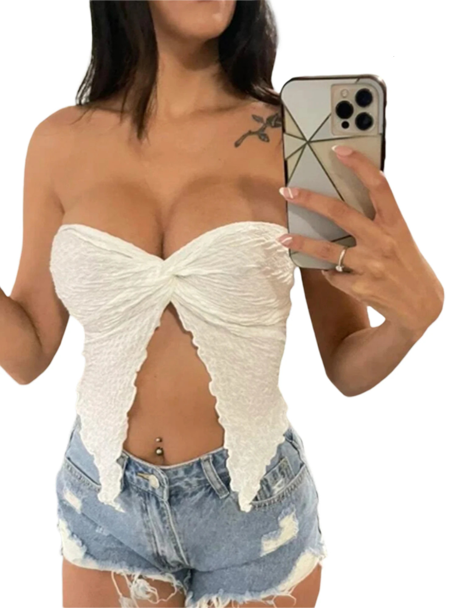 Dghisre Summer Women Y2K Twist Knot Knit Bandeau Tube Top Strapless Backless Open Front Cutout Hem Crop Tank Corset Top Bustier 250225
