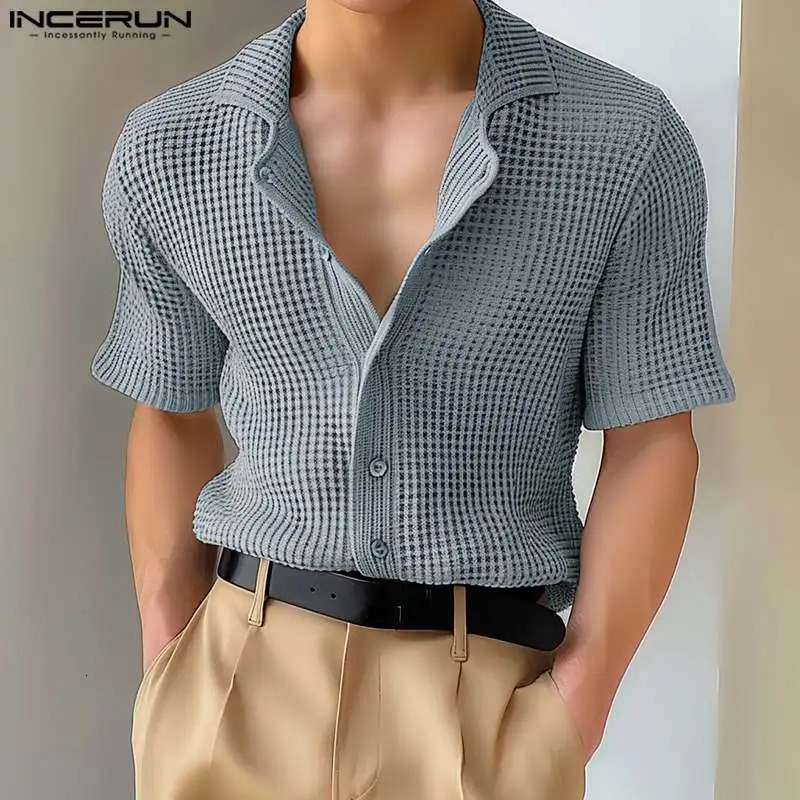 Mens Shirt Solid Color Lapel Short Sleeve Hollow Out Streetwear Casual Men Clothing Summer Fashion Male Shirts S-5XL INCERUN 250222