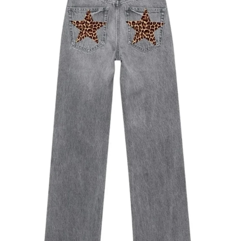 Harajuku Gothic Leopard Print Embroidery Retro Baggy Jeans Womens Jeans Fashion Y2K Clothes Slim High Waist Casual Trousers 250225