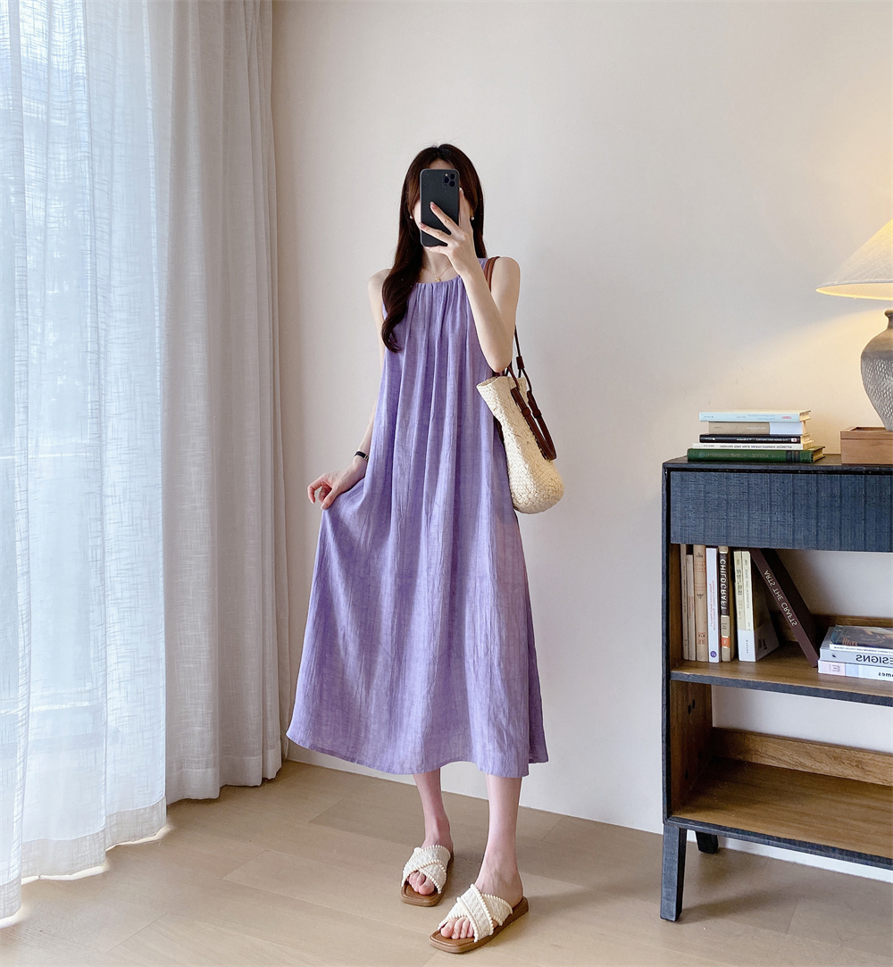 H4118 Lazy holiday style seaside linen dress halter neck suspender sleeveless vest dress female summer