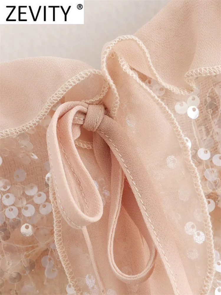 Zevity Women Chic Pleat Ruffles Sequined Chiffon Sling Camis Tank Lady Backless Short Crop Shirt Blouse Tops LS7195 250225